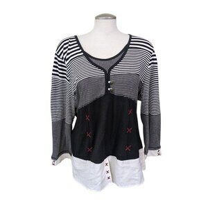 Parsley Sage Womens Tunic Top Artsy Black Stripe Size XL Long Sleeve Embroidery
